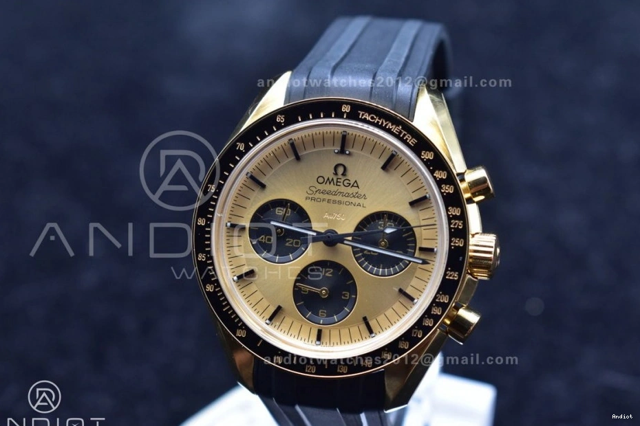 RMF Strap on Gold YG Chrono in Best Black YG Manual Moonshine Speedmaster Moonwatch Edition Dial Rubber 0113